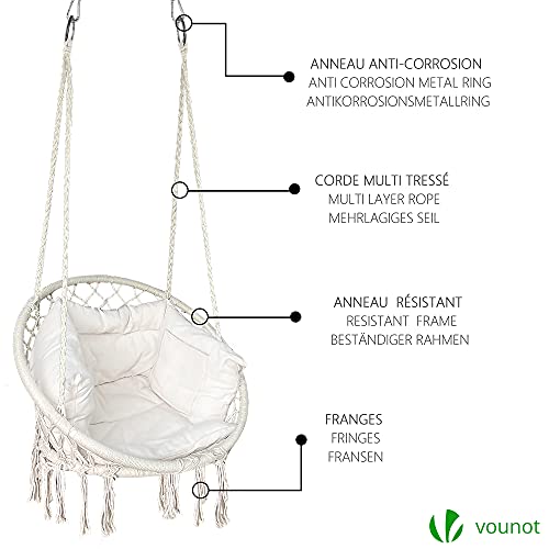 Características de la Silla Colgante de Exterior con Flecos y Cojines, Kit de Suspensión, Ø80cm para Interior y Exterior, Beige. VOUNOT
