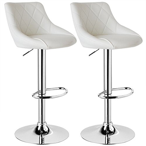 2 Taburetes de Bar con Respaldo fabricado en Acero Cromado asiento tapizado de Piel sintética Acolchado Blanco y Goma Antideslizante, de fácil Cuidado. Vista general. WOLTU