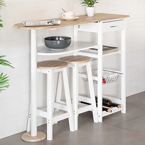 Conjunto de mesa alta y 2 taburetes de madera color blanco con 1 cajón, 2 estantes, cesta extraíble y botellero para cocina. Vista en cocina moderna - LOLAhome