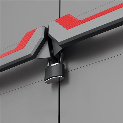 Detalle del cierre del Armario Bajo Keter Stilo para almacenaje 1 Balda Color Gris Oscuro, Negro y Rojo. Dimensiones 68 x 39 x 90 cm
