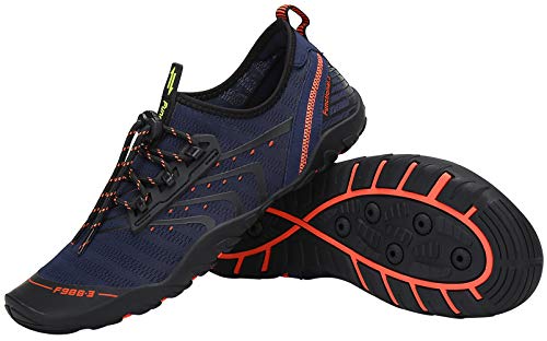 Vista lateral y suela del Calzado de verano, playa, baño, secado rápido, para nadar, Mesh Slip on para hombre y mujer, color Azul, talla 44 EU. SAGUARO