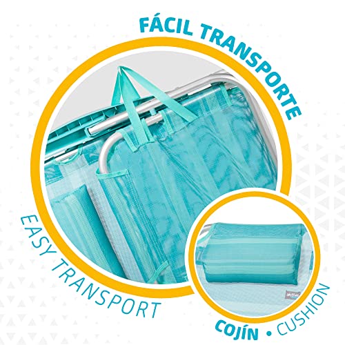Fácil transporte con asas y cojín para la cabeza de la Silla plegable de playa con cojín, 5 posiciones hasta horizontal, 48x45,5x84 cm, altura del asiento 21 cm, peso máx 100 kg, estructura reforzada, aluminio y PVC. 53963 Aktive