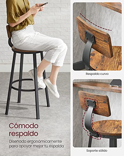 Cómodo respaldo de Juego de 2 Taburetes Altos de cocina o sillas de Bar de 73 cm de Alto con Respaldo, estuctura de Acero, Fácil Montaje, Estilo Industrial Marrón Rústico y Negro LBC026B01V1. Vasagle