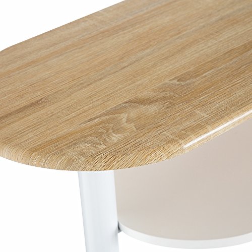 Conjunto de mesa alta y 2 taburetes de madera color blanco con 1 cajón, 2 estantes, cesta extraíble y botellero para cocina. Detalle barra. - LOLAhome