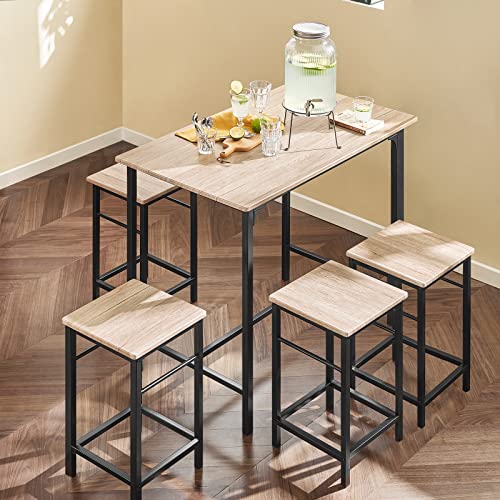 Vista den comedor de la Mesa Alta de Bar y 4 Taburetes Estilo Industrial OGT11-N,ES. SoBuy