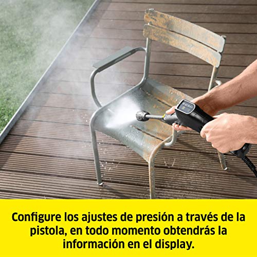 Ajustes e información desde del display del mango de la Hidrolimpiadora Kärcher de alta presión K 3 Power Control, inteligente soporte con la App, efectivo contra la suciedad diaria, 120 bar, 1.600W, 380L/h, Color amarillo/negro