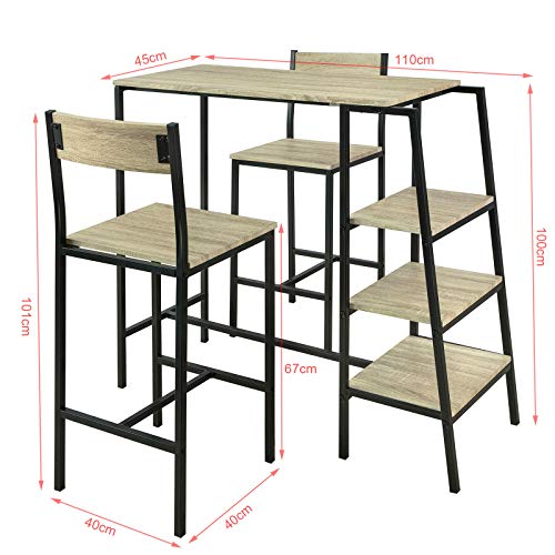 Medidas de Juego de 3 Piezas con 2 Taburetes y 1 Mesa Estilo Industrial con 3 estantes para cocina, ES. OGT16-N. SoBuy