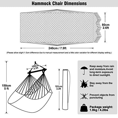 Medidas y características de la Silla Colgante supergrande de Tejido de Cuerda de algodón Hilado Suave, Barra separadora de Madera Dura Silla Ancha de Encaje giratoria para el Aire Libre. Chihee