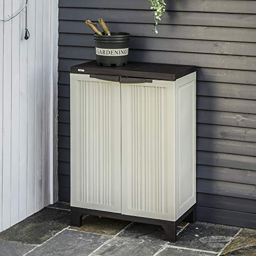 Armario de Jardín Cobertizo de Herramientas para Exterior con Doble Puertas Estante Ajustable de 4 Niveles 65x37x91,4 cm Beige. Outsunny | maxjardin