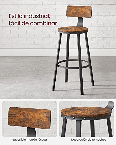 Detalles de Juego de 2 Taburetes Altos de cocina o sillas de Bar de 73 cm de Alto con Respaldo, estuctura de Acero, Fácil Montaje, Estilo Industrial Marrón Rústico y Negro LBC026B01V1. Vasagle