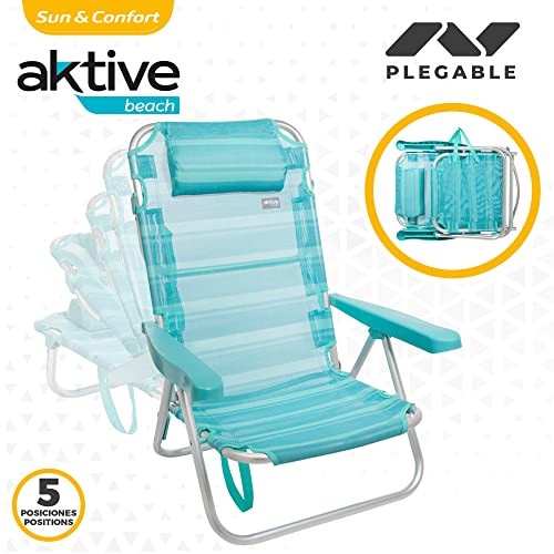 5 posiciones hasta tumbada de la Silla plegable de playa con cojín, 5 posiciones hasta horizontal, 48x45,5x84 cm, altura del asiento 21 cm, peso máx 100 kg, estructura reforzada, aluminio y PVC. 53963 Aktive