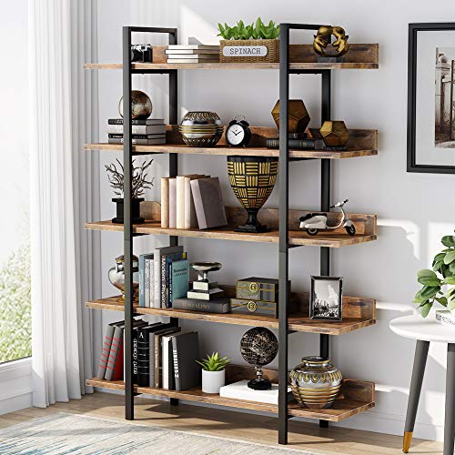 Vista en ambiente de salón de Estantería para Libros estilo Industrial muy Estable con 5 estantes. Estructura de Hierro. Ideal para el hogar o la Oficina. Tribesigns