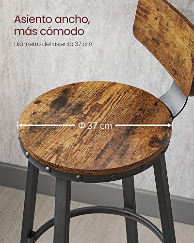 Asiento más ancho del Juego de 2 Taburetes Altos de cocina o sillas de Bar de 73 cm de Alto con Respaldo, estuctura de Acero, Fácil Montaje, Estilo Industrial Marrón Rústico y Negro LBC026B01V1. Vasagle