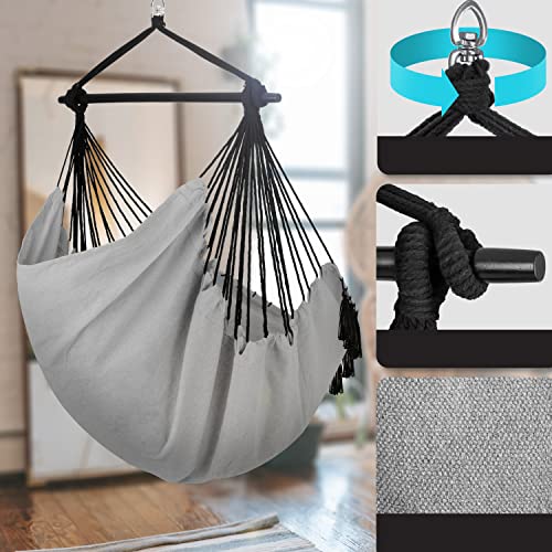Características de la Silla Colgante con 2 Cojines, portabebidas y Compartimento para Libros. Adultos y niños, resiste hasta 150 kg, para Interior y Exterior, Grigio. KESSER®