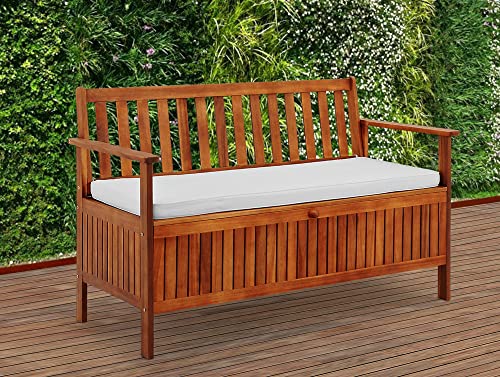 Banco de Exterior de Madera de Acacia con Almacenaje 120x62x82cm. Vista en patio exterior. Casaria