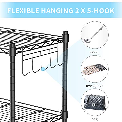 Detalle de ganchos para colgar de Estantería Multiuso Ajustable, con 2 x 5-Ganchos Laterales, Capacidad de Carga 25 kg por Balda, 59 x 34 x 150 cm - Negro. Alvorog