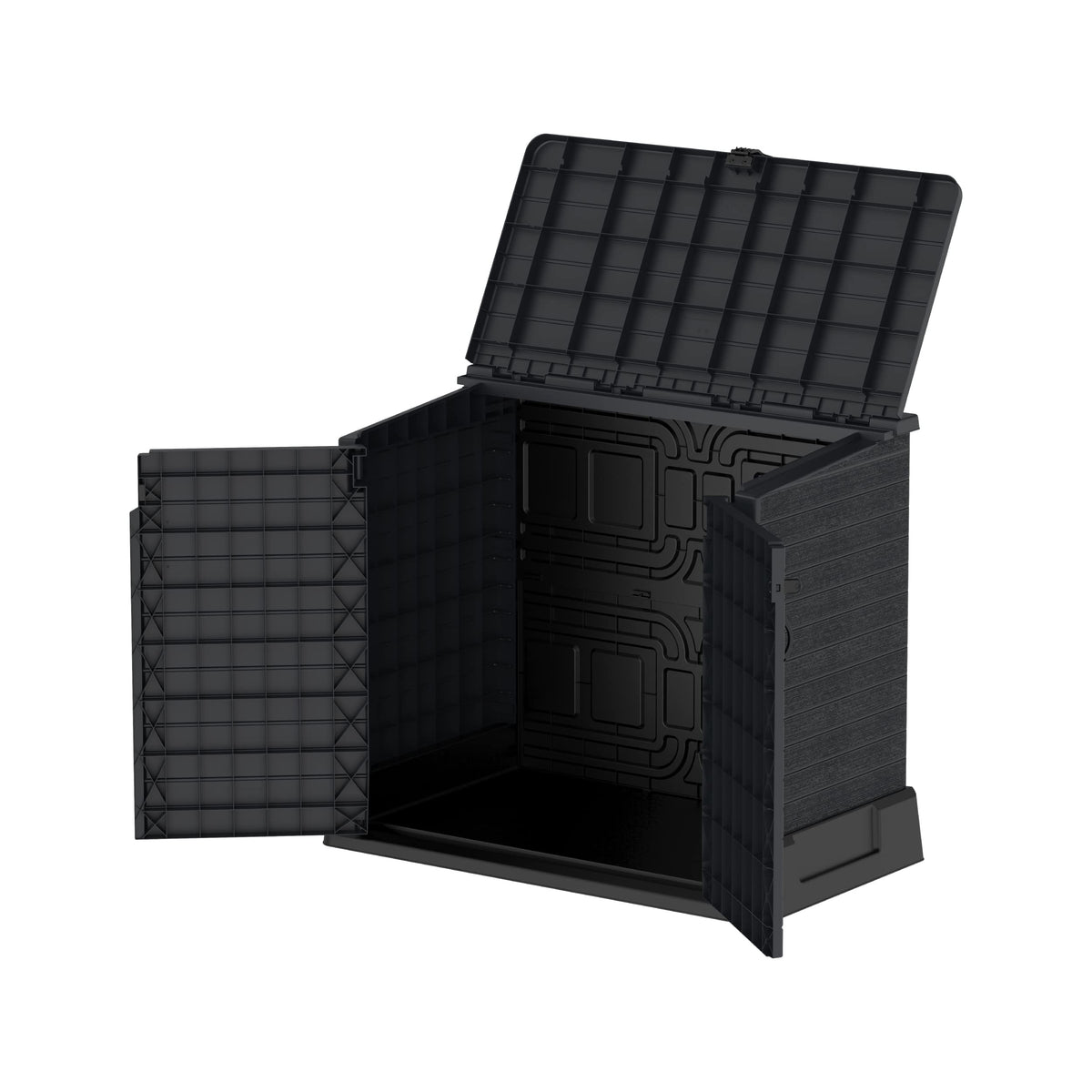 Vista en escorzo con puertas y tapa superior abiertas del arcón cubre cubos de exterior Duramax