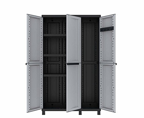 Armario escobero 3 Puertas, 2 Compartimentos Separados, Gris/Negro, 102x39x170 cm. Multifunción. Puertas abiertas. Twist Black 102a, TERRY | maxjardin