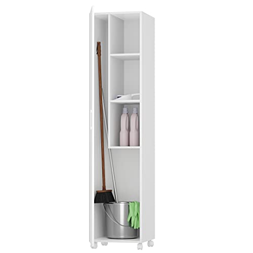 Armario escobero de una puerta color blanco con 3 estantes y puerta abierta Buyqualia