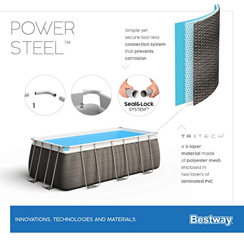Piscina rectangular, Power Steel Deluxe Frame Pool estructura de acero y aspecto ratán gris, 404 x 201 x 100 cm 【7200 litros】. Características. 56721 Bestway | maxjardin