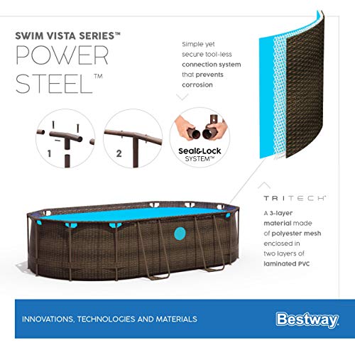 Piscina elevada Desmontable tipo Tubular Power Steel 427x250x100 cm Depuradora Cartucho 2.006 l/h Escalera y Cobertor Diseño Rattan 【7.250 litros】. BESTWAY 56714