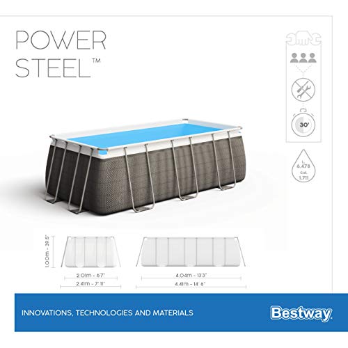 Piscina rectangular, Power Steel Deluxe Frame Pool estructura de acero y aspecto ratán gris, 404 x 201 x 100 cm 【7200 litros】. Medidas. 56721 Bestway | maxjardin