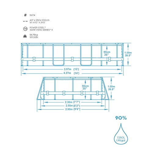 Piscina elevada Desmontable tipo Tubular Power Steel 427x250x100 cm Depuradora Cartucho 2.006 l/h Escalera y Cobertor Diseño Rattan 【7.250 litros】. BESTWAY 56714