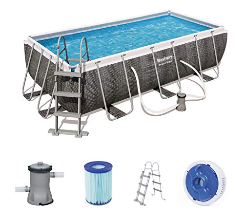 Piscina rectangular, Power Steel Deluxe Frame Pool estructura de acero y aspecto ratán gris, 404 x 201 x 100 cm 【7200 litros】. Set del producto con accesorios. 56721 Bestway | maxjardin