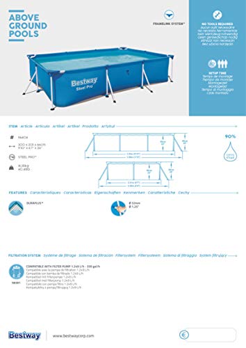 Piscina Desmontable Tubular, Azul de 3.500 litros. Medidas: 300x201x66 cm. Bestway Steel ProPool Media - detalle - caracteristicas 2