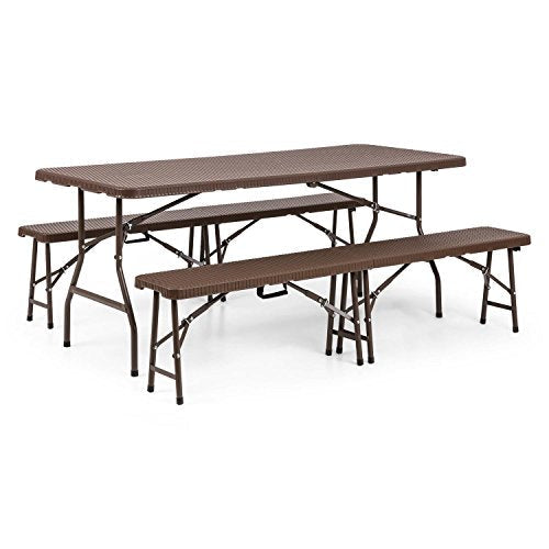 Conjunto de Muebles para Carpa de jardín, Juego de 2 Bancos y Mesa, 8-10 Personas, HDPE, Estructura Acero, Resistente Exteriores, Cierres de Seguridad, Marrón. Vista de conjunto. Blumfeldt Burgos Set Edition