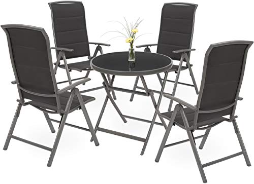 Conjunto de 4 sillas de Jardín Milano + 1 Mesa Redonda de Cristal 70 cm de Diámetro Todo plegable. Aluminio - Resistente a la Intemperie - Gris. Vista del conjunto. BRUBAKER