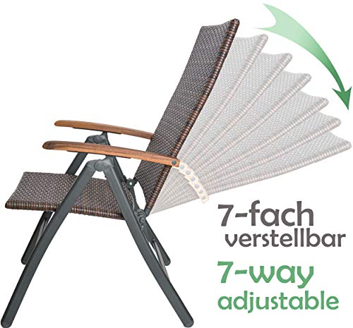 Respaldo con 7 posiciones de la silla del Set x6 Sillas de Jardín metalicas y Poli Ratán Respaldo Alto Plegable de 7 Posiciones, Resisten la Intemperie Gris/Marrón. Modena. BRUBAKER