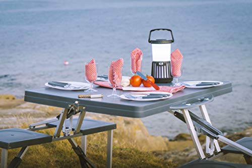 Vista al aire libre con la Mesa plegable con 4 asientos plegable en maleta para acampada, color gris.