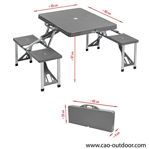 Medidas plegada y desplagada de la Mesa con 4 asientos plegable de aluminio en maleta para acampada, color gris. Cao