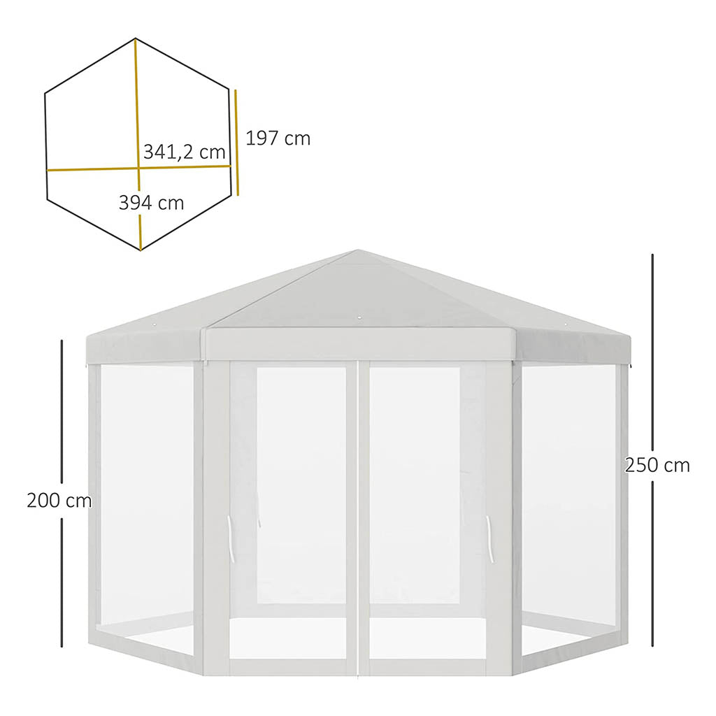 Carpa Hexagonal con Mosquitera φ3.9m Poliéster Repelente al Agua, Color Crema. Medidas. Outsunny