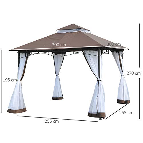 Carpa Color Café de 3x3m Elegante con Mosquitera. Techo con Ventilación. Medidas. Outsunny.