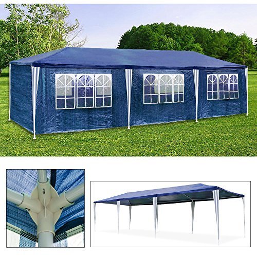 Carpa Pabellón 3x9 m tienda campaña cúpula polietileno Acero tubos con 6 laterales y 2 entradas resistente al agua Incluye 6 paredes desmontables color azul. HG. Detalle ambiente y detalles