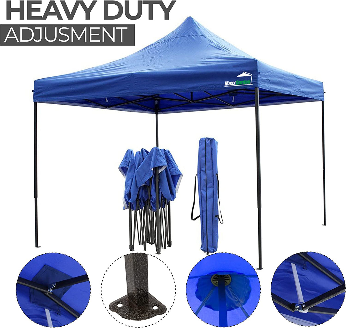 Carpa plegable 3x3 m, para playa y jardín con estructura metálica. Protección UV 50+, Impermeable. Bolsa de Transporte. Versión en azul. Estructura robusta. MaxxGarden