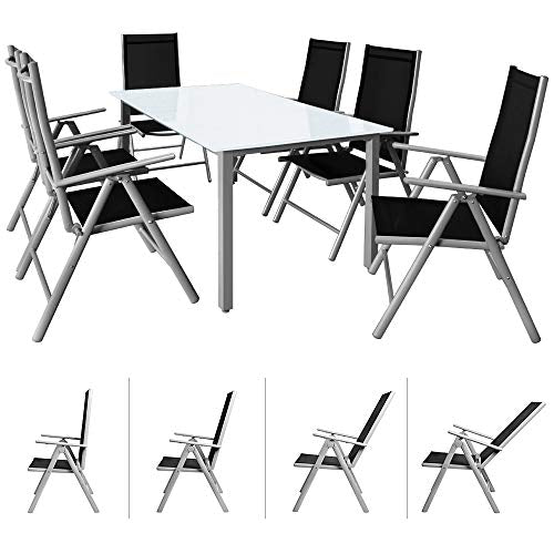 Conjunto de 1 Mesa y 6 sillas de Aluminio de Patio terraza o balcón, Respaldo reclinable. Vista de conjunto y secuencia de silla reclinada. Bern. Casaria
