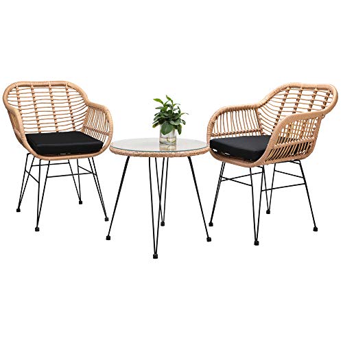 Conjunto de jardín BALI: 1 mesa y 2 sillas de mimbre para interior exterior jardín balcón terraza. Juego 3 piezas. Casaria