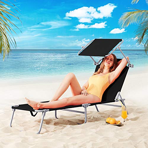 Tomando el sol en la playa con la Tumbona de jardín con Parasol Antracita Techo Ajustable y Respaldo Silla Larga Plegable con Asas 195x60cm Exterior. Casaria