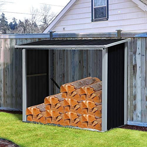 Casetilla para Leña de Acero Galvanizado Cobertizo Leñero Almacenaje con Imbornal para Jardín Exteriores con Techo Inclinado 182x89x136/148 cm Gris Oscuro. Vista exterior. Outsunny | maxjardin