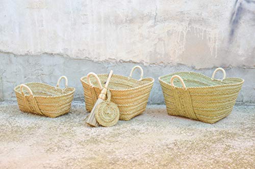Set de 3 tamaños de Cesto de esparto natural para leña hechos en España por Cesterías Aparici. Tamaños disponibles.