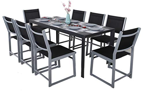 Conjunto de 8 sillas y Mesa extensible de aluminio para jardín, 127-180 x 77 x 71,5 cm (Gris- Carbón). Chicreat