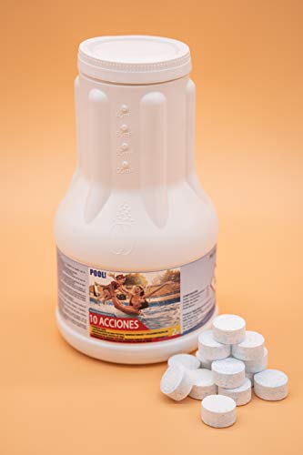 Cloro 10 acciones Mantenimiento de Piscina Especial Minipiscinas. Tratamiento Multiacción Formato 2 kg Pastillas 20gr. Vista general envase y pastillas. POOLiberica. iFONT
