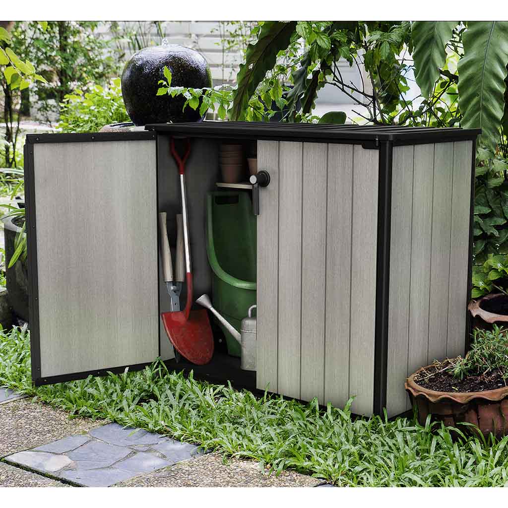 Cobertizo de jardín exterior Duotech Patio Store, Color gris. Producto en jardín para guardar herramientas.Keter