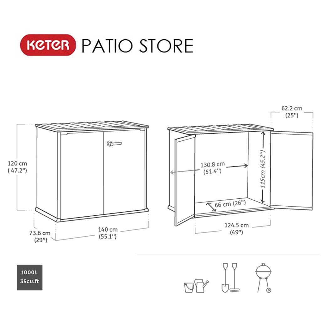 Cobertizo de jardín exterior Duotech Patio Store, Color gris. Medidas. Keter