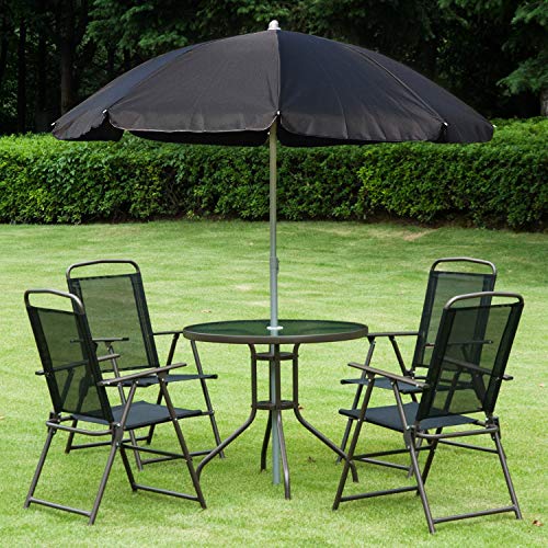 Conjunto de Muebles para Jardín con 4 Sillas 1 Mesa y 1 Parasol Textilene Acero y Poliéster. Detalle conjunto completo en jardín. Outsunny.