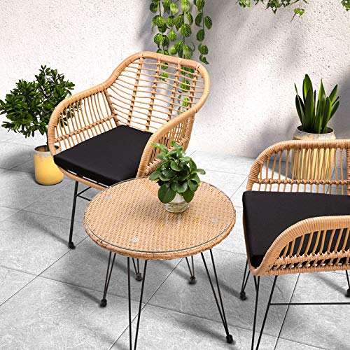 Conjunto de mimbre BALI de 1 mesa y 2 sillas en patio exterior - Casaria