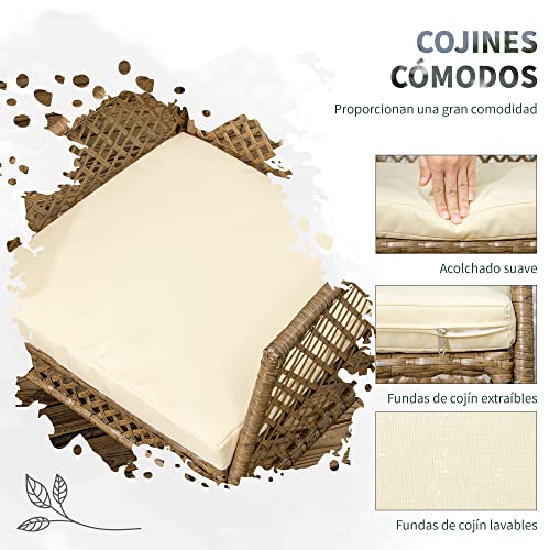 Cojines cómodos de los sillones del Conjunto de Muebles de Jardín de Ratán 7 Piezas de Comedor para Exterior con 6 Sillas + Cojines y Mesa de Vidrio Templado Marrón. Outsunny
